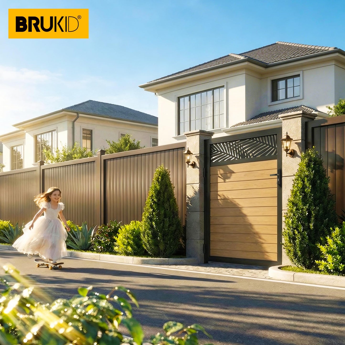 Brukid 4x5 FT Aluminum Fence Gate Kit Wood Grain Aluminum Gate with Decorative Cutout, Lock & Hinges, Left/Right Opening, Weather Resistant for Yard Garden Patio
