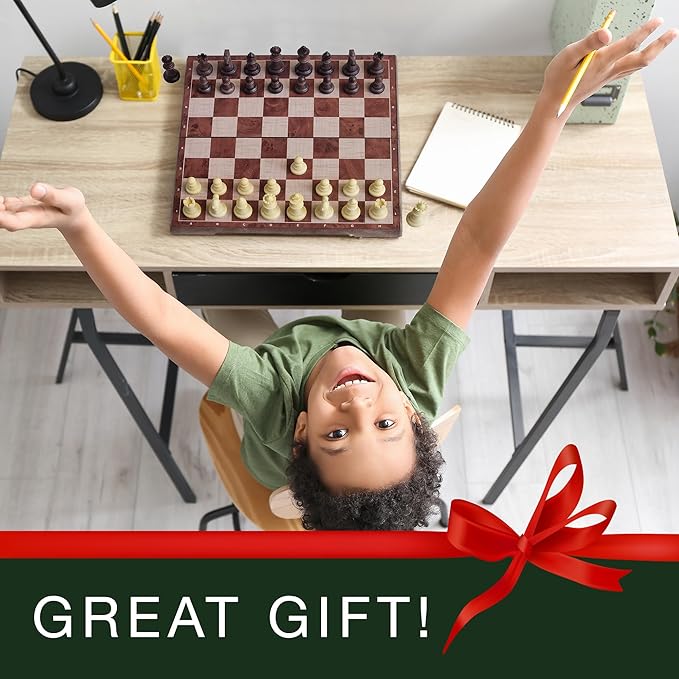 Magnetic Travel Chess Set for Kids and Adults. Portable 12 x 12 Chess Board Game for Beginner & Advance Players. Chess Sets for Adults with 2 Extra Queens & 2 Storage Bags for Chess Pieces.