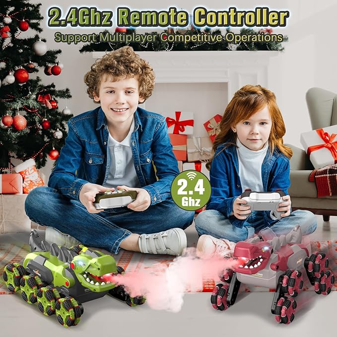 8 Wheels Dinosaur Transform RC Stunt Car - 2.4Ghz Remote Control Dinosaurs Monster Truck with Transforming & Spray & 360° Rotation Dinosaur Toys for Kids 5-7 8-12 Boy Christmas Birthday Gift