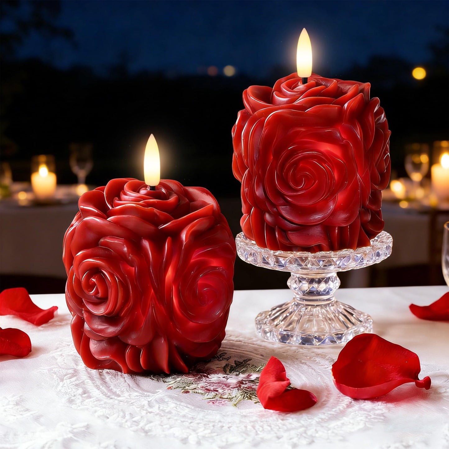 JOIONE Valentines Day Flameless LED Candles, Rose Shaped 3D Flickering Flame Battery Operated Candle with Remote, Romantic Candles for Date Night, Valentine's Day, Wedding and Home Dรฉcor, Red