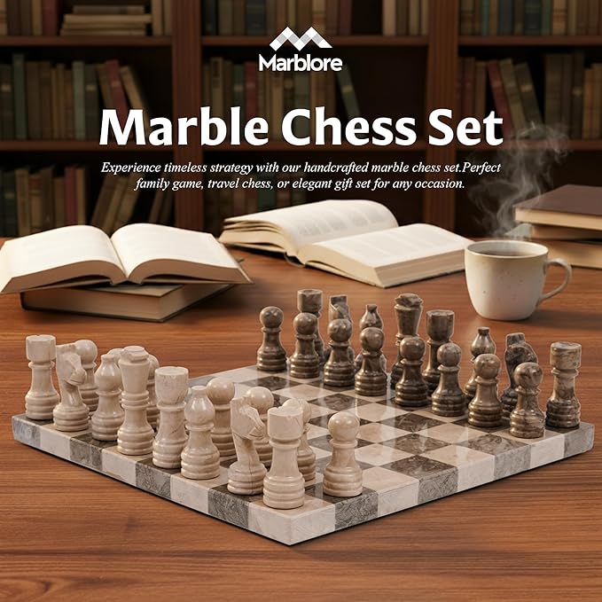 Marble Chess Set 12 Oceanic & Verona Travel Chess Set Strategy Board Games with 32 Chess Pieces & 2 Extra Queens for Adults Family Games