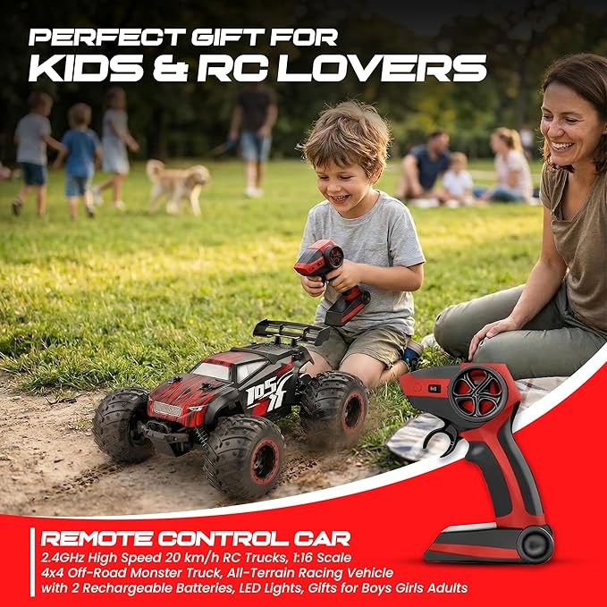 Remote Control Car 2.4GHz high Speed 20km/H 1:16 Scale 4 * 4 Off-Road RC Truck High Speed All-Terrain Racing Vehicle with 2*Rechargeable Batteries LED Lights Gifts for Kids & Adults