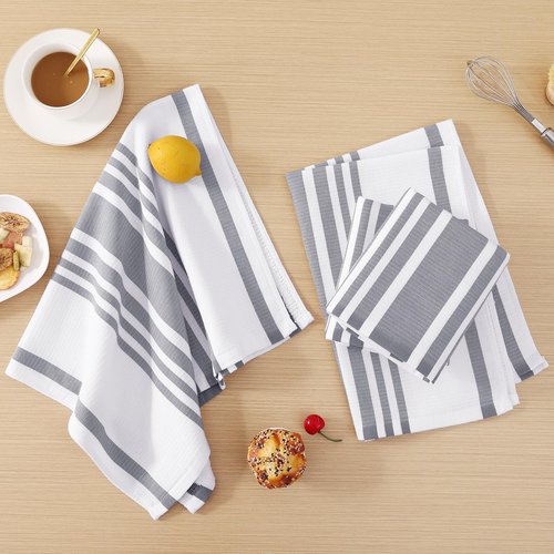Homaxy Premium Kitchen Towels 18”x 28”, Large Cotton 380 GSM Kitchen Hand Towels, Stripe and Terry Dish Towel, Highly Absorbent Tea Towel Set with Hanging Loop, 8 Pack, Grey