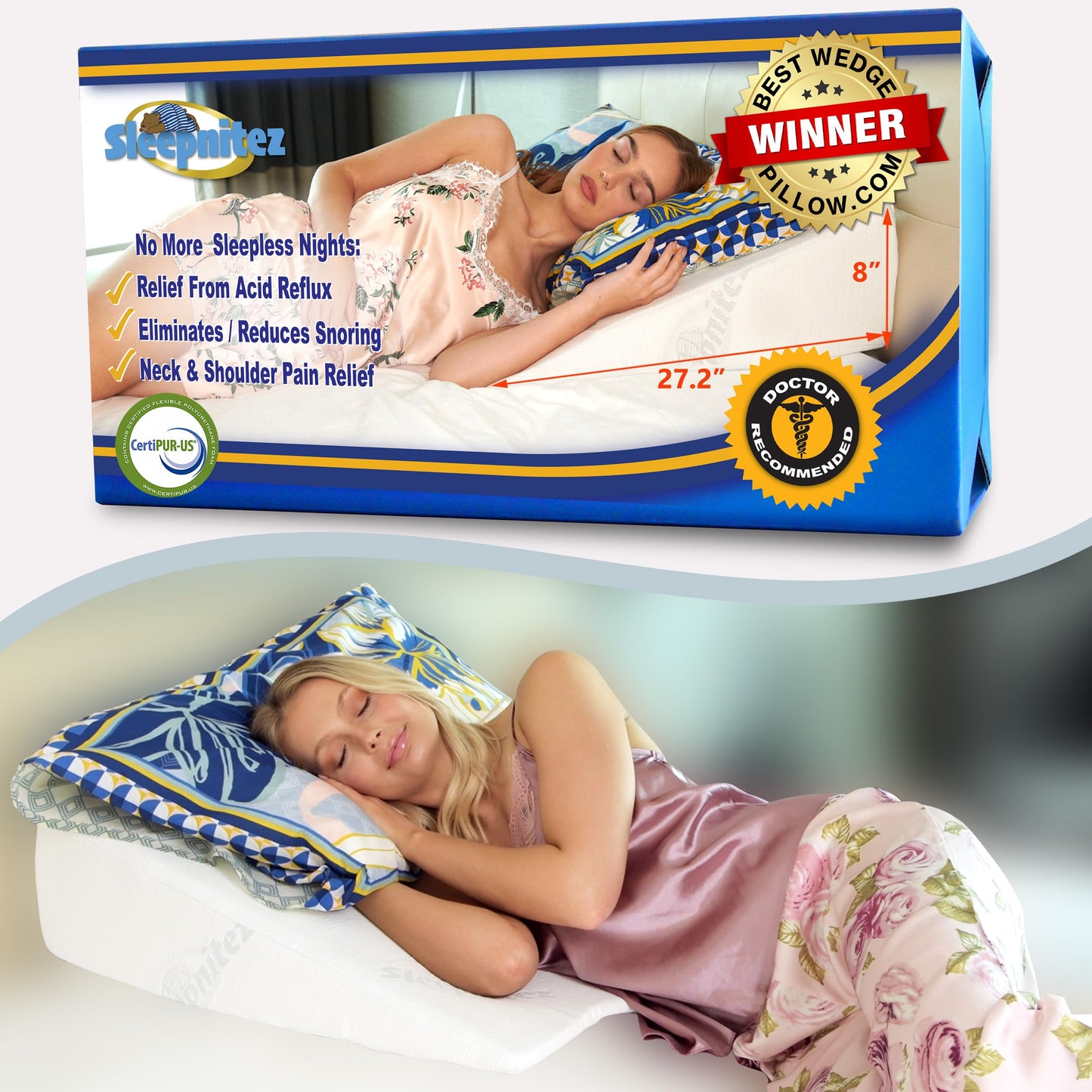 Sleepnitez Fsa Eligible 8" Bed Wedge Pillow – Memory Foam Wedge for Sleeping, Acid Reflux Pillow for Snoring, GERD, Pregnancy, Sleep Apnea, Reading – Soft Luxurious 3.25" Memory Foam Top Layer