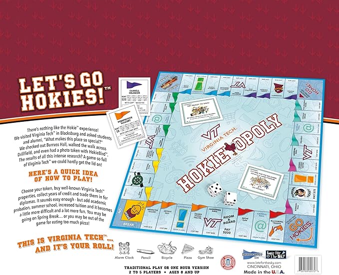 Late for the Sky Virginia Tech Va Techopoly Campus Board Game & Property Trading Family Game for Fans 2-6 Players Alumni and Student Gift College Landmarks and Tokens