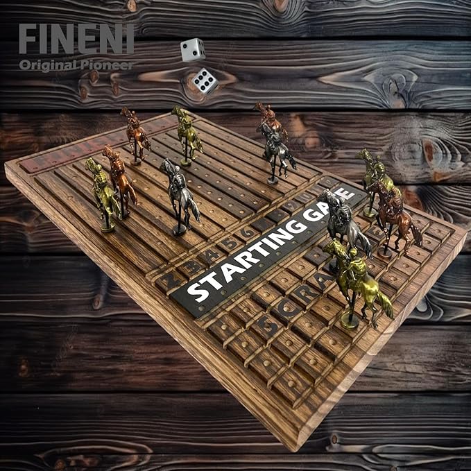 Horse Racing Game for Adults Horse Race Board Game with 11 Luxurious Antique Matt Metal Horses(Bronze Brass Silver) 19” Wood Horse Race Game Board Dice & Card Included (Log)