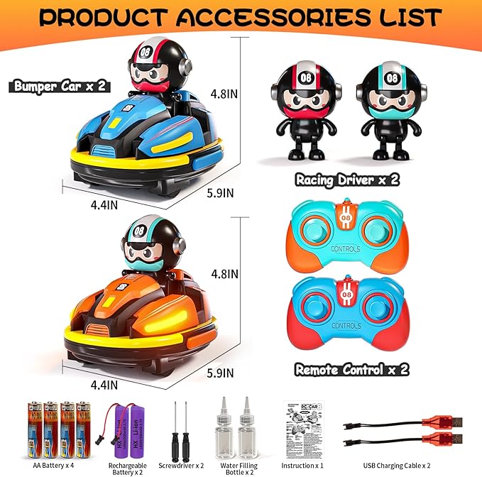RC Bumper Cars Set for 2 Players 2.4 GHz Remote Control Battle Race Cars With Light & Music Toys for Toddlers Girls Boys Age 1-5 Years Christmas Birthday Gift