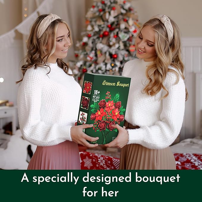 JOJO&Peach Flowers Rose Bouquet Building Set for Adults Mom Wife Artificial Poinsettia Botanical Collection for Home Office Display Festive Birthday Gift Toy for Women Girl and Teen 18+ (917PCS