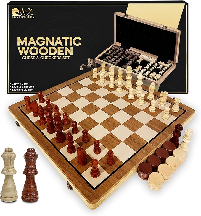 Magnetic Chess Set with Checkers - 15 (2 in 1) Folding Wooden Chess Sets for Adults & Kids with 2 Extra Queens | Travel Chess Board Game Set with Chess Pieces Storage Slots Luxury Gift with Stor