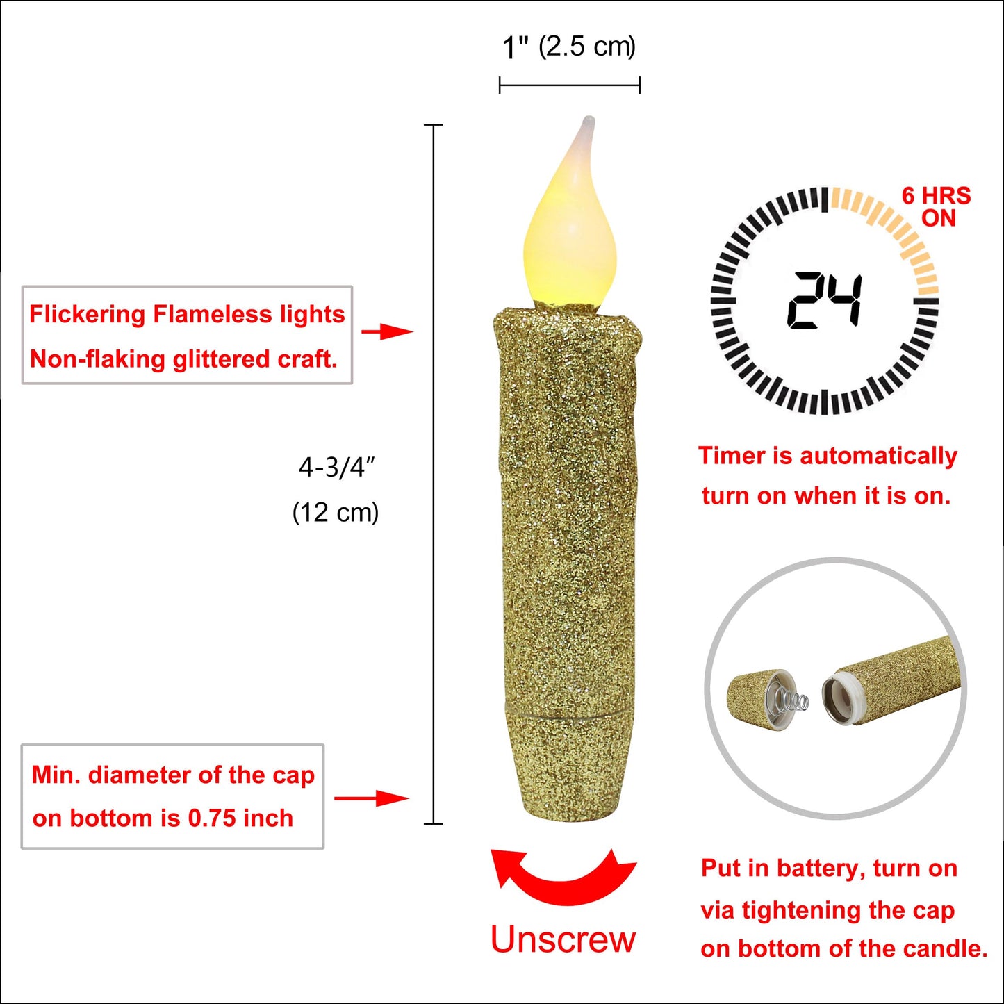 CVHOMEDECO. Glitter Flameless Candles Flickering Battery Operated LED Taper Candles with Timer for Home, Wedding, Halloween, Christmas Decor. Gold, 4-3/4 Inch, Set of 2