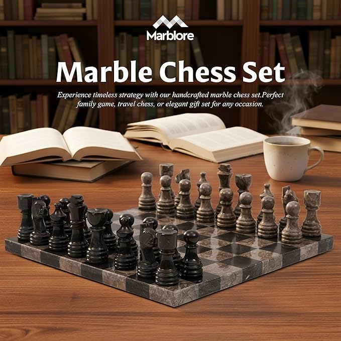 Marble Chess Set 12 Oceanic & Black Family Board Games 32 Chess Pieces & 2 Extra Queens Travel Chess Set Strategy Board Games for Adults