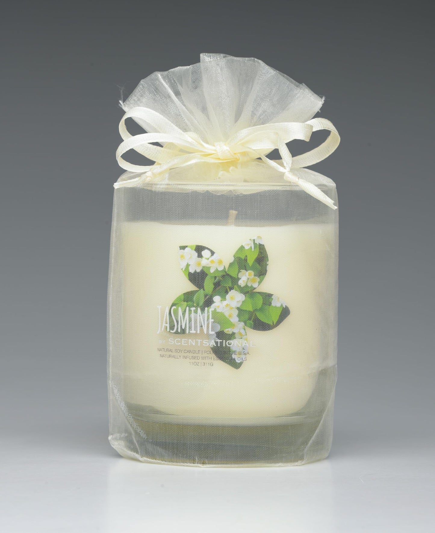 Scentsational Jasmine Natural Candle, 11 oz Glass Jar, 50-60 Hour Burn Time, Gift Wrapped