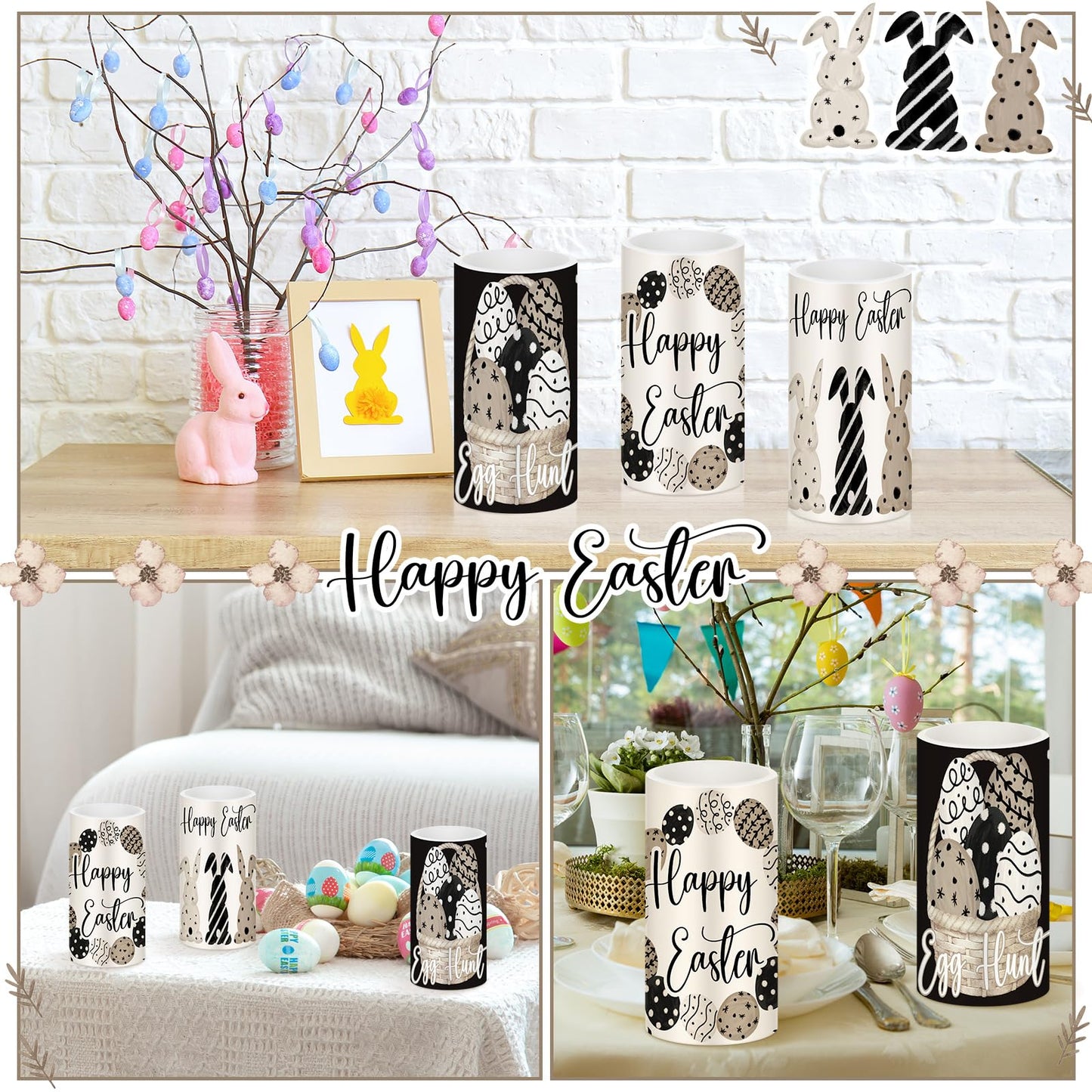 Retisee 3 Pcs Black Brown Easter Flameless LED Candles Battery Operated Bunny Spring Flickering Pillar Candles with Remote Rabbit Easter Centerpiece for Bedroom Living Room Dinner Table Decoration