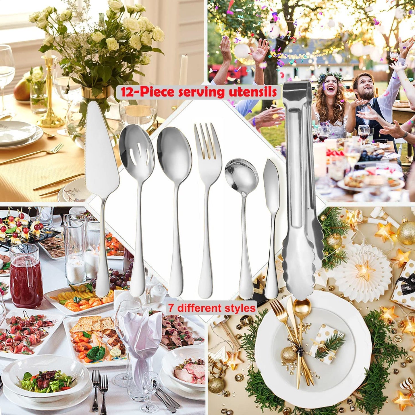 IAXSEE 12Pcs Silver Serving Utensils Stainless Steel Serving Spoon,Slotted Spoons Serving Forks,Serving Tongs Cake Server Dessert Spoon Serving Flatware Set Great for Parties Buffet Party