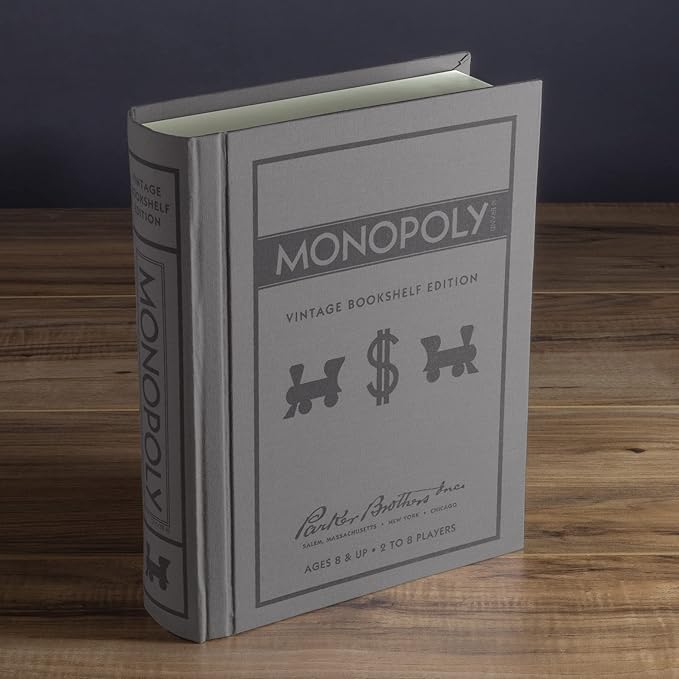 WS Game Company Monopoly Vintage Bookshelf Edition Board Game Premium Fabric-Wrapped Book Storage Box with Retro Graphics Wooden Houses Strategy Board Games for Kids Adults & Family Ages 8+