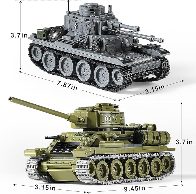 WW2 Army Tanks Toy Building Sets (1008 Pieces) Compatible with Lego Create a Soviet T-34 & German Panzer 38(t) Tank Great Military Model Toys Gift for Boys Kids and Teens Age 8+
