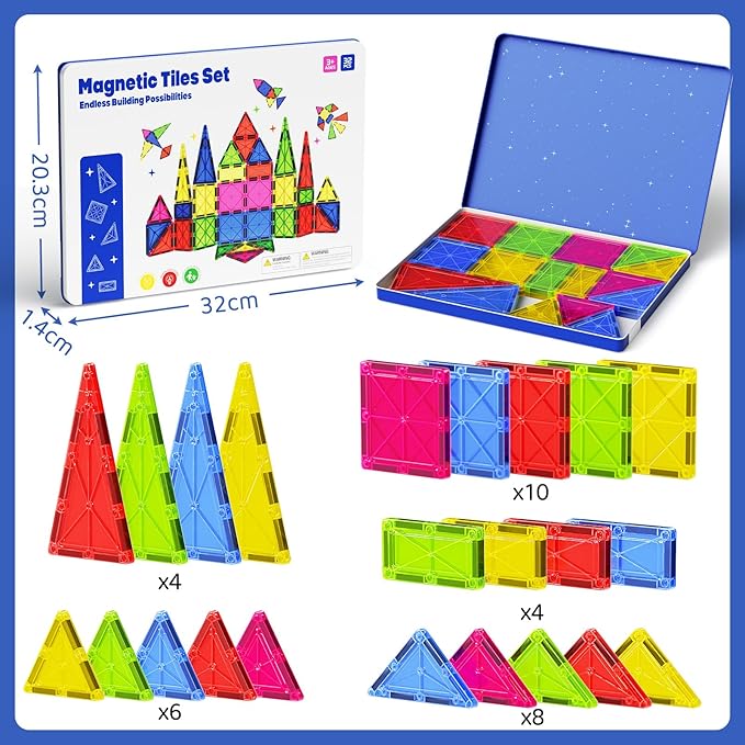 Jumbo Magnetic Tiles with Secure Metal Case 32 Pcs Large Magnetic Building Blocks for Kids 3-8 STEM Toys for Toddlers Preschool Learning Montessori Toys Age 3+ Boy Girl Gift