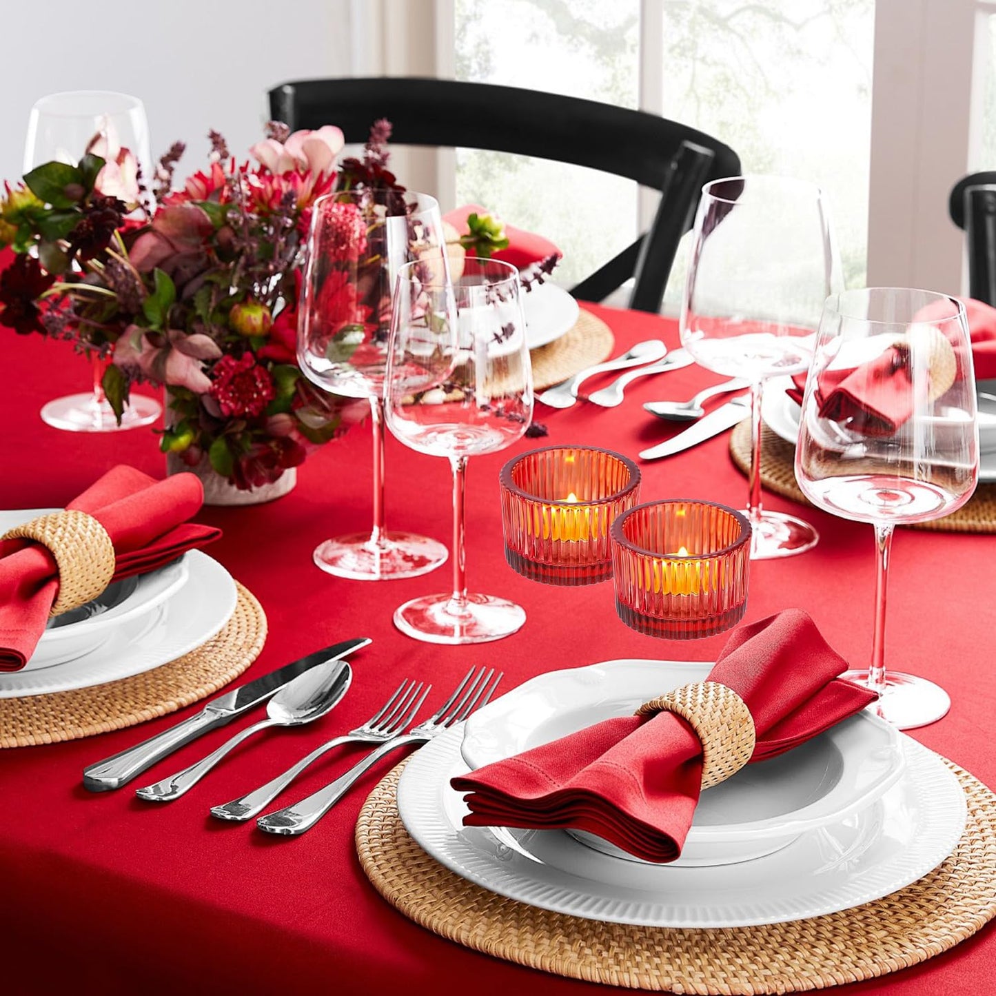 2 Pcs Tealight Candle Holder,Votive Candle Holders Glass Candle Holders Tea Lights Candle Holder for Table Centerpiece Decor Party&Home,Wedding Deco (Red)