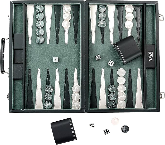 Backgammon Sets for Adults 15 Inches Backgammon Board Games for Adults Leather Backgammon Sets for Family & Travel Checkerboard Design Grey and Black