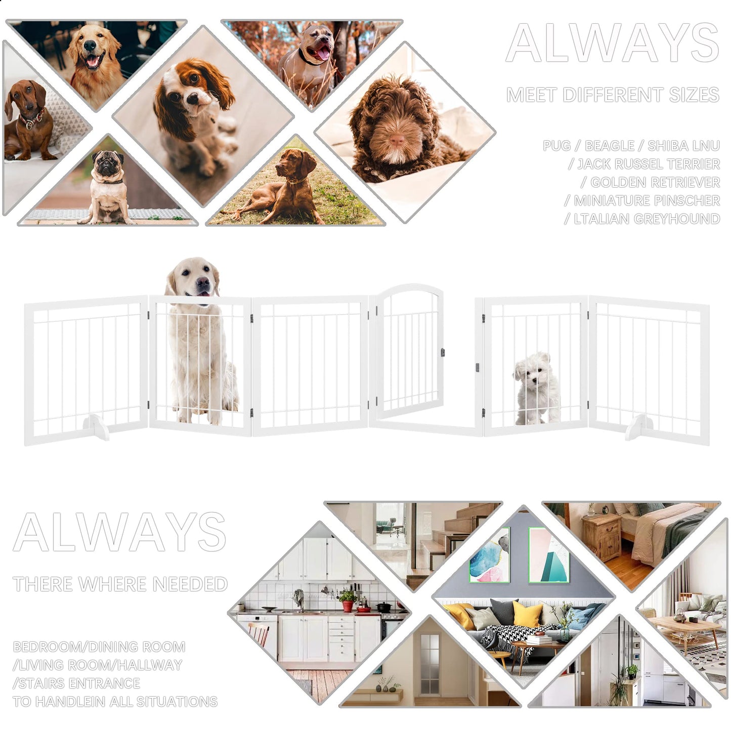 JSB 144-inch Extra Wide 30-inch Tall Dog gate with Door Walk Through, Freestanding Pet Gate for Halls, Stairs & Home, Pet Puppy Safety Dog Fence with 2PCS Support Feet (White)