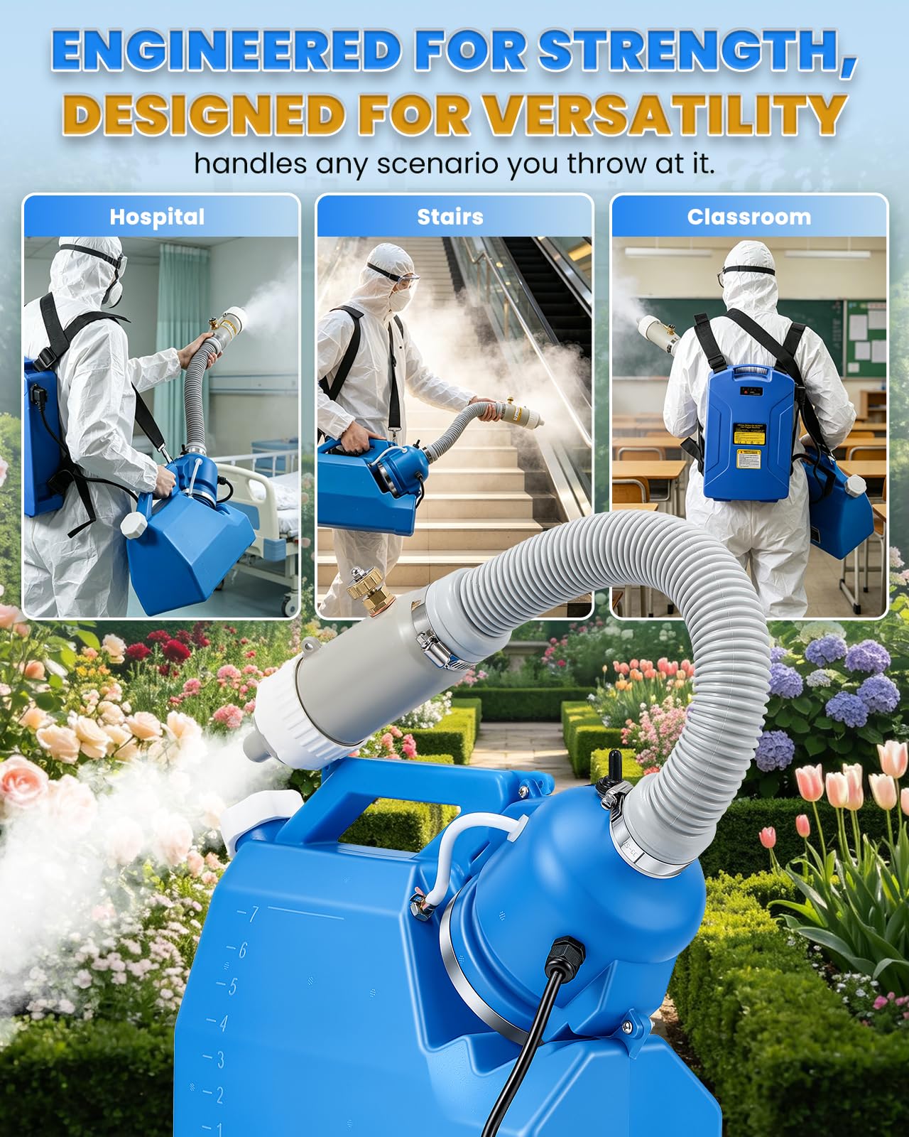 Cordless ULV Sprayer 24V Lithium Battery Powered, 7L (1.85 Gallon) ULV Fogger Machine 250W/300W Dual-Mode, 60-100 Mins Runtime, 10-100 Micron Adjustable Fine Mist for Garden Patio Home Use