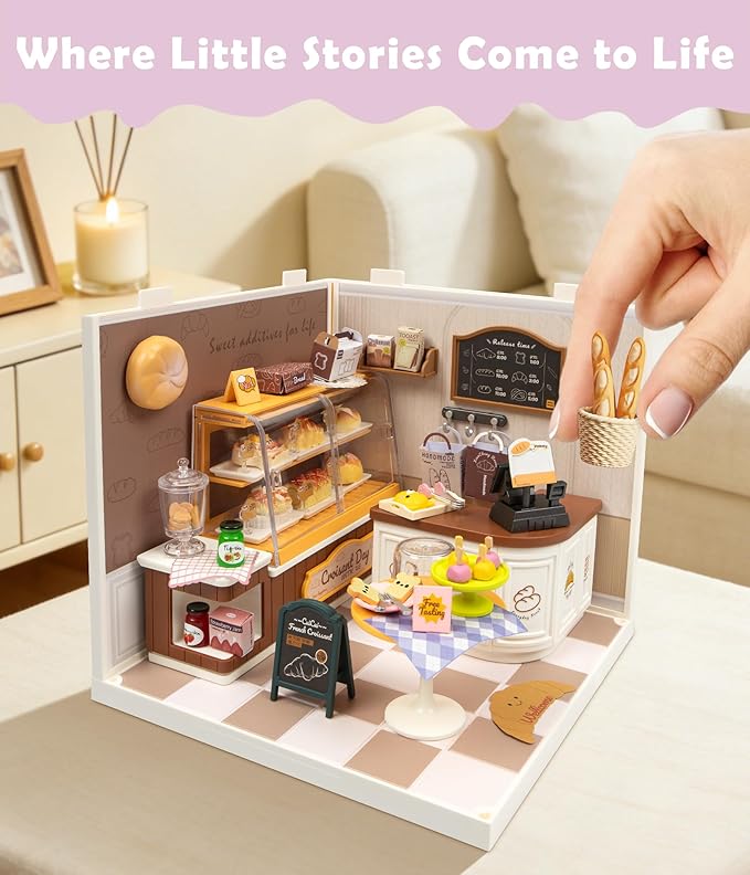 Miniature Bakery Dollhouse Kit - Sunny Pastry Shop DIY Room with Glass Door & Protective Roof & LED Lights - Creative Building Toy for Adults Teens and Kids - Unique Gift Idea