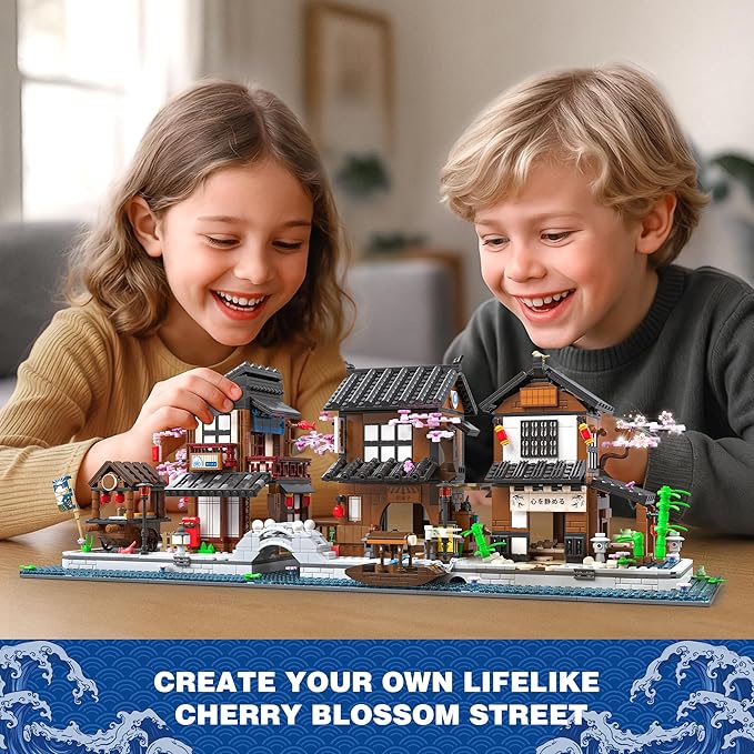 Traditional Japanese Cherry Blossom Village Building Set Sakura Street View Architecture Building Block - Izakaya & Tea House Collectible Construction Toy Gift for Adults & Anime Fans 2058P