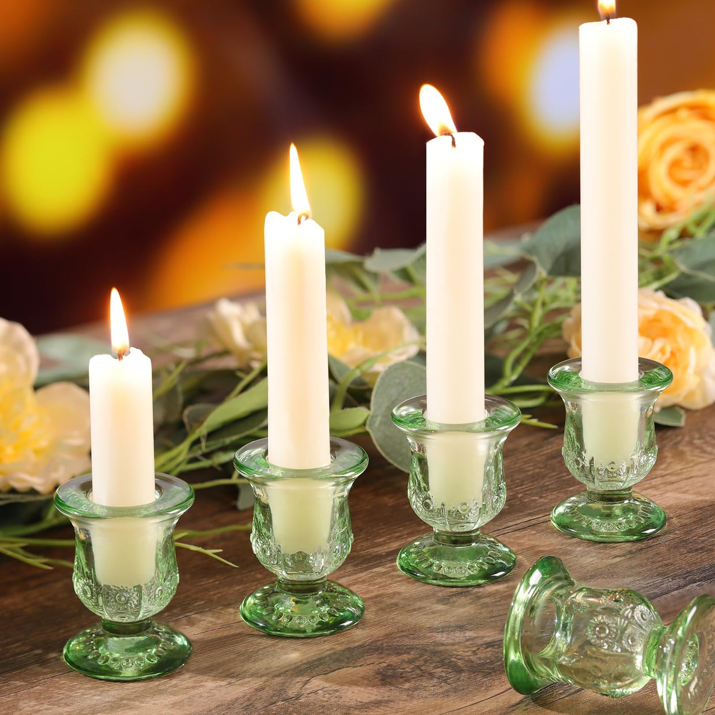 sunnyfuture 10pcs Green Candlestick Holders, Glass Taper Candle Holders for Table Centerpiece Decor, Wedding, Birthday, Gift