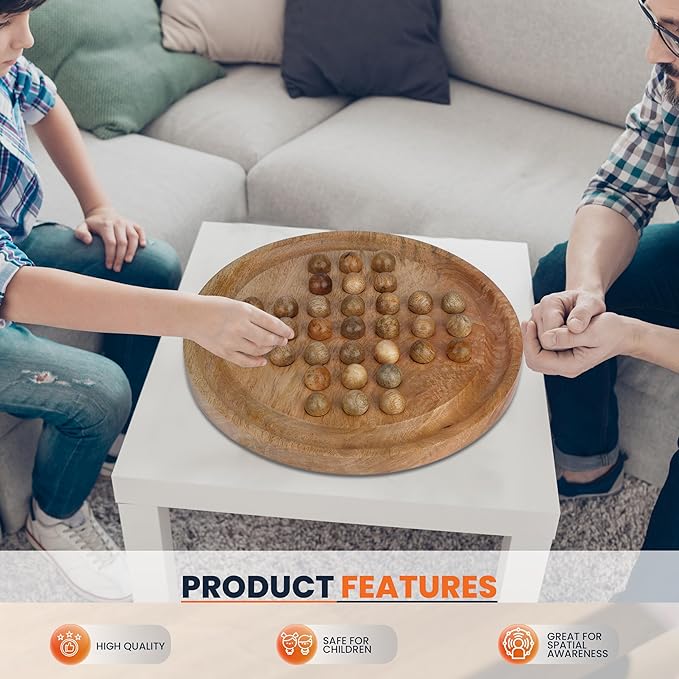 Ajuny Wooden Solitaire Board Game 10.8 Inch – Handmade Peg Solitaire Strategy Puzzle Classic Single Player Marble Chess Brain Teaser Mind Game for Kids & Adults Decorative Tabletop Games