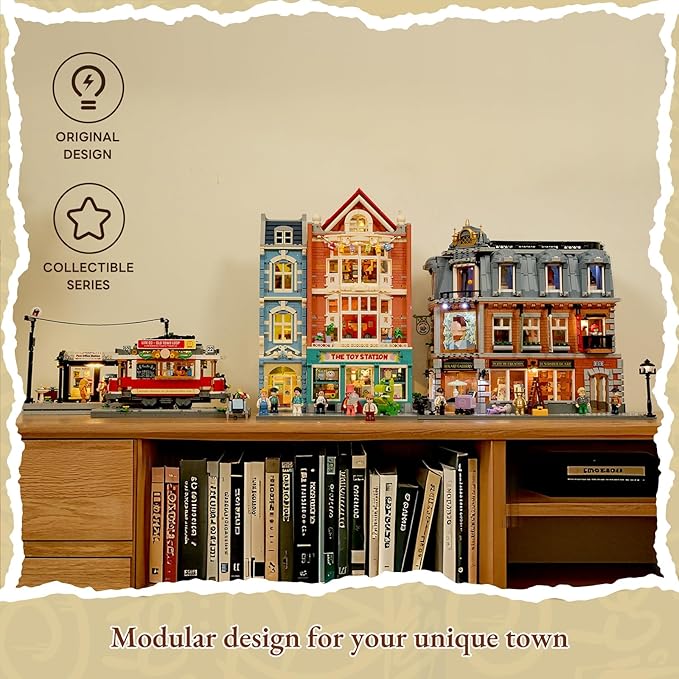 Heritage Tram and Station Lighting Building-Bricks Set - 1274 Pcs City Streetcar Modular Collection Old Town Downtown Display Model for Adults & Teens & Tram Enthusiasts