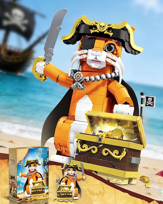 Pirate Captain Cat Building Set for Adults Compatible with Lego Set 1424PCS Orange Cat with Treasure Chest & Pirate Hat Adventure Collection Gifts for Animal Lovers