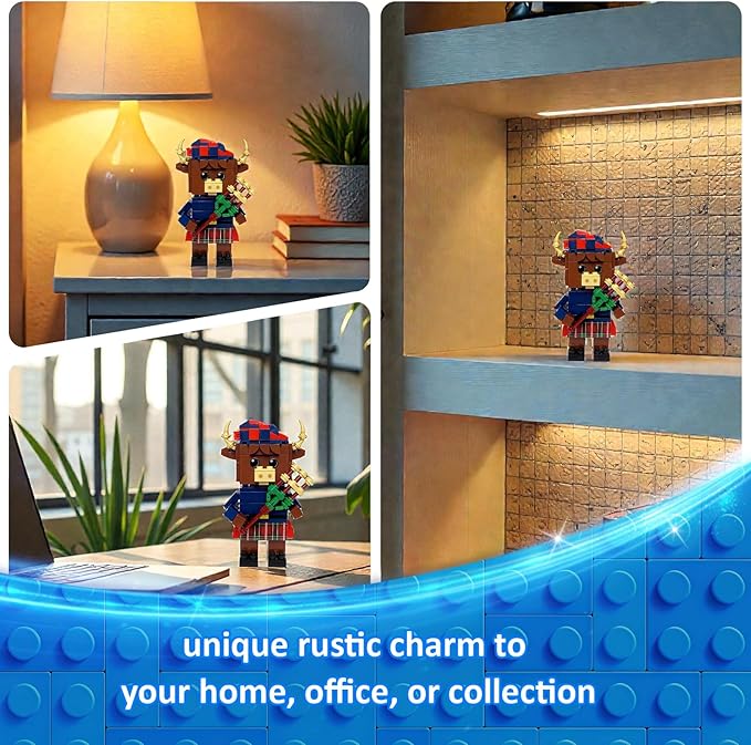 Highland Cow Building Blocks Set Collectible Animal Building Toy Creative Scottish Cow Bagpiper Brick Set for Adults & Kids (Age 3+) DIY Home Office Decor STEM Education-Gift Ideas