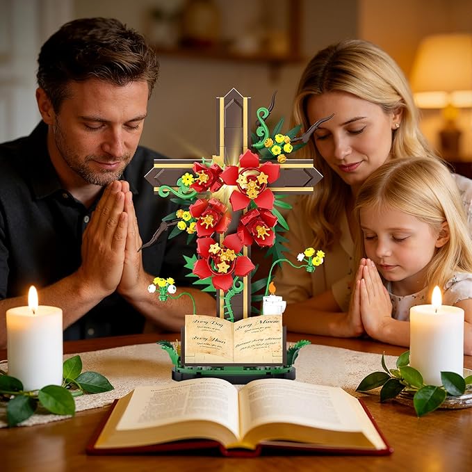 Jesus Cross Flower Building Set Religious Cross Collectibles Jesus Catholic Building Toys Christian Crucifix Floral Decor Display Easter Christian Birthday Gift for Kids Women & Adults (381
