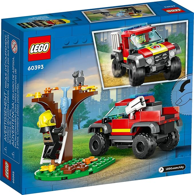 LEGO City 4x4 Fire Engine Rescue Truck 60393 Toy for 5 Plus Year Old Boys & Girls Set with Water Element Launcher Firefighter Minifigure and Cat Figure