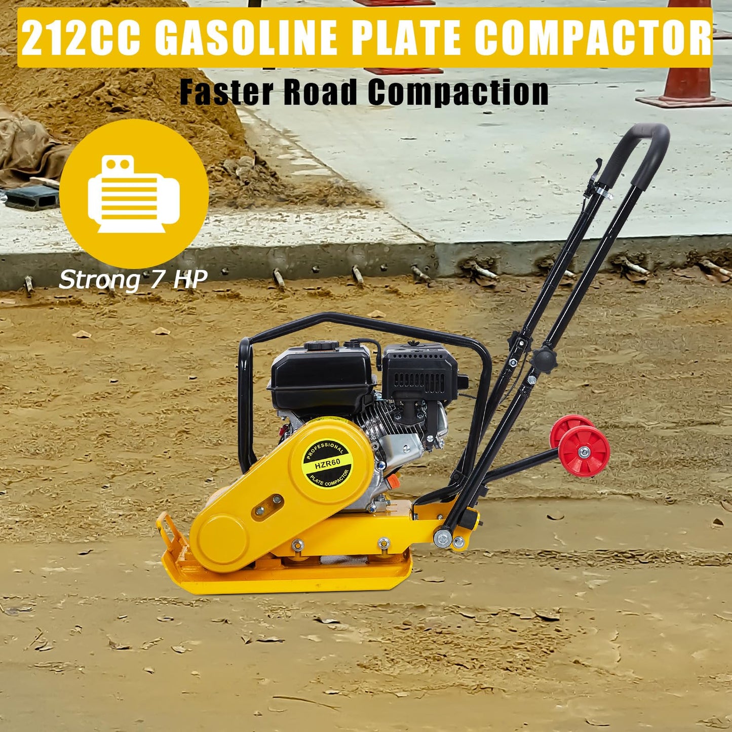 7HP Plate Compactor, 212CC Gas Engine, 4200 lbs Vibratory Compaction Tamper, Plate Power Jumping Jack Tamper, 5600 VPM Pavement Compactor for Walkways, Asphalts, Paver Landscaping