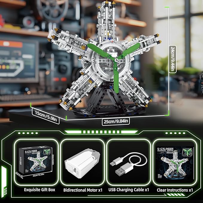 5-Cylinder Radial Engine Building Set Build Your Own Mini Military Plane Engine Model Kit That Runs Compatible with Lego WW2 STEM Toy Gifts for Adults & Teens Boys 8-14+ (863 PCS)
