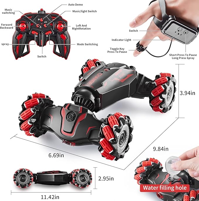 4WD Remote Control Gesture Sensor CarHand Controlled RC Stunt CarDouble-Sided Vehicle 360° Rotation with Light and Music Spray Watch Toy Cars for Boys & Girls Birthday