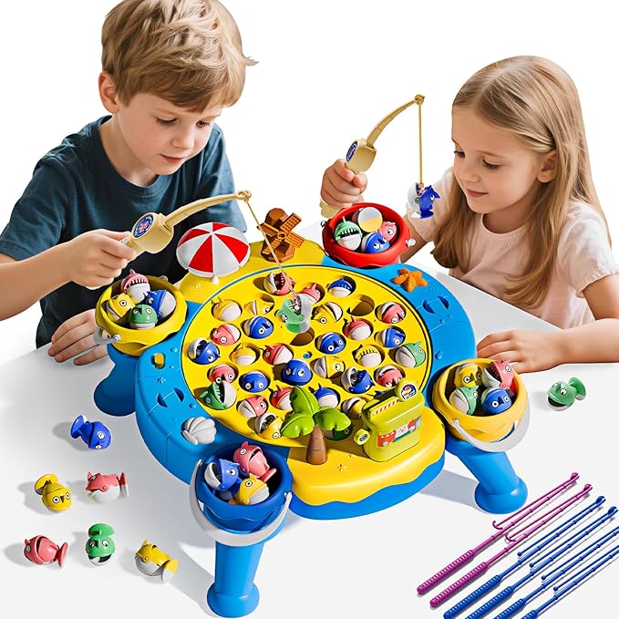 ORANGE OCEAN 70 PCS Magnetic Fishing Table Game for Kids Boys Toddlers Ages 3-5 4-6 Magnetic Fishing Toys with 360° Rotation & Sound Birthday Toys Gifts for 3 4 5 6 Year Old Boys Kids 1-8 Playe