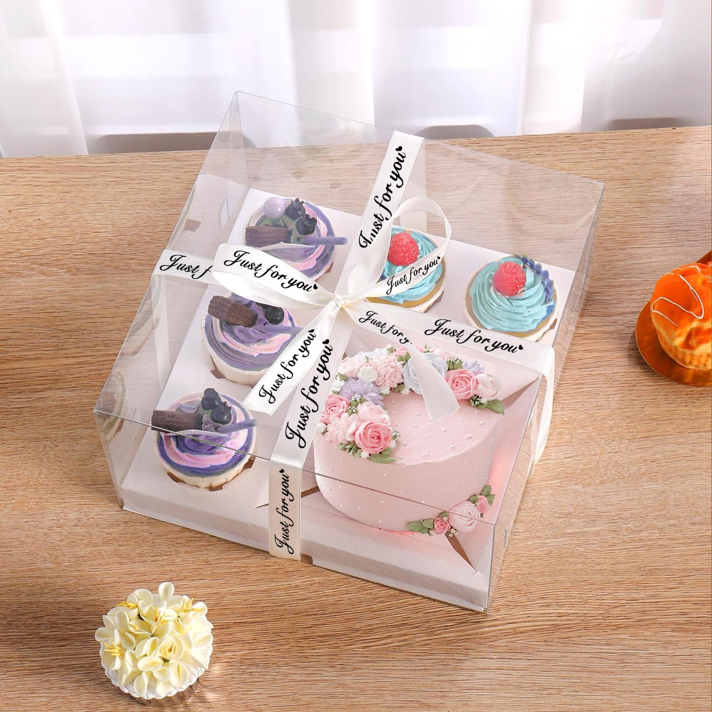 LLOERE 3 Pack Bento Cake and Cupcakes Box with Gift Ribbon, Clear Window 1+5 Combination Bento Boxes, 6 Holes Fit 5 Cupcake Containers and 1 Mini Cake(4-5in) for Birthday Party Baking Supplies