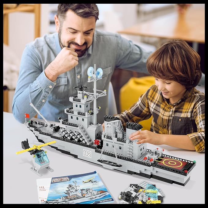 WW2 Military Battleship Building Block Set Large-SizedCruiser Toy Military Battle Ship Toy with Helicopter and City Lifeboat A Gift Compatible with Lego Sets for Boys 8-14 & Adults (910pcs)