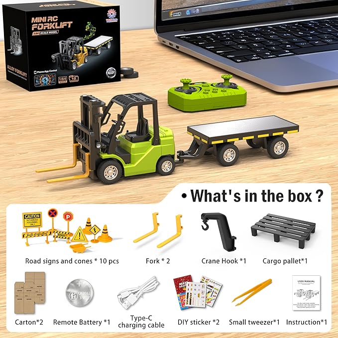 Mini RC Forklift Toy 3 in 1 Remote Control Forklift Trailer 10 Channel Mini Forklift Remote Control with Liftable Fork & Hook 1/64 Desktop RC Construction Vehicles for Adults Kids Boy Gift