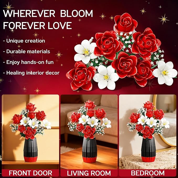 Rose Flowers Bouquet Building Set with Vase Included 1077 PCS Artificial Flowers Botanical Collection Kit for Adults Women Men & Teen Girl Mother's Day Birthday Gifts for Mom Her Wife Girlfriend