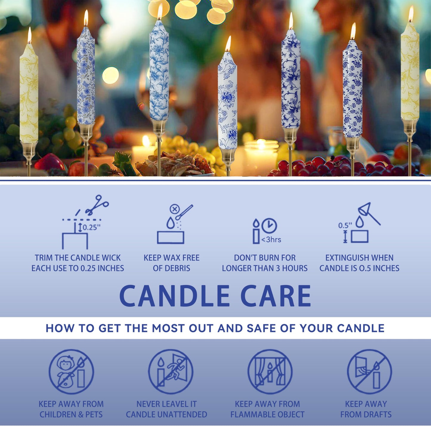Short Blue and White Taper Candles 7 Inch Handmade Floral Candle Sticks Smokeless Unscented Clean Burning Candles for Meditation Sailing Housewarming Gift Wedding Birthday Home Dinner