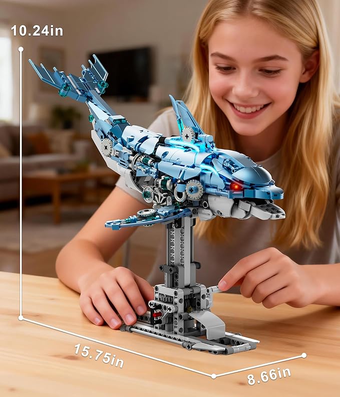 Moving Mechanical Dolphin Building Set - Hand Crank Model Kit with Swimming Tail Movable Jaw & Glowing Lights | STEM Educational Toy & Unique Desk Decor for Ages 8+ Adults Blue