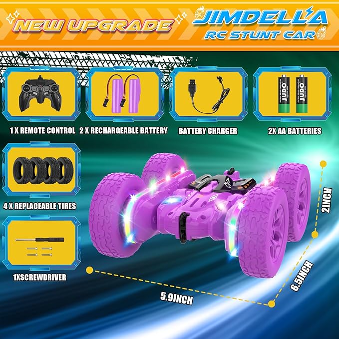 Remote Control Cars for Girls 2.4GHz RC Stunt Car with 360° Flips & Double Sided Driving LED Strip Lights and Headlights Changeable Wheels Birthday Gift for 5-12 Year Old Girls (Purple)
