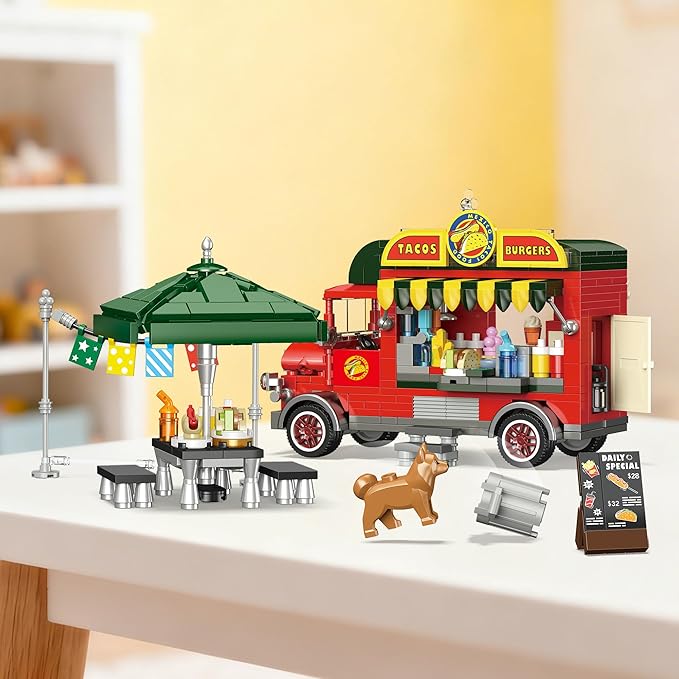 Taco Food Truck Building Set Building Toy Pretend Play Set for Kids Girls and Boys Dining Table & Chair Menu Hot Dog Sauces Fun Gift Idea for Birthdays & Holidays Friend Building Time