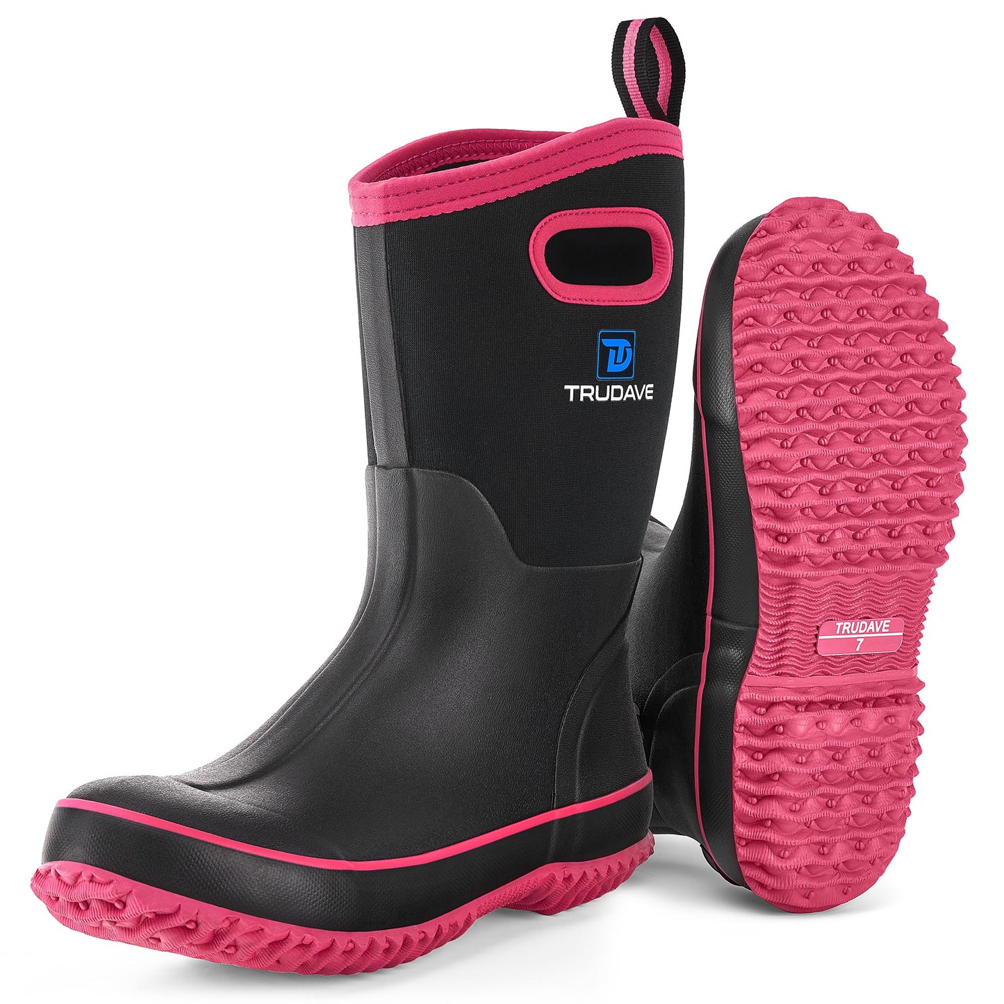 Trudave Rubber Boots for Women, Mid Calf Rain Boots, Womens Waterproof Boots, Neoprene Insulated Work Boots, Outdoor Mud Boots for Hunting Farming Gardening Fishing, Pink, Size 5