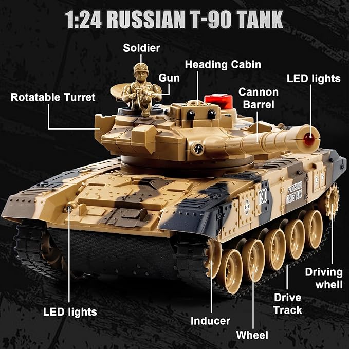 1/24 Remote Control Tank 2.4Ghz Russian T-90 RC Tank & 330° Turret Rotation 2× Rechargeable Batteries Army Toys for Boys Infrared Battle Toy with Lights Smoke and Sound Effect Gift for 4+ Kids
