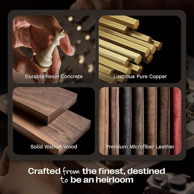 Luxury & Decorative Wooden Chess Set Walnut Leather Chess Board with Weighted Chess Pieces Unique Deluxe Wooden Chess Gifts for Board Game Lovers Handmade Chess Set with Storage