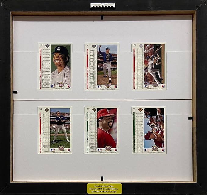 Trading Card Frame for 6 Standard Trading Cards Black Frame with Matting and Card Mounts (Navy Blue White Trim Mat - Black Frame)